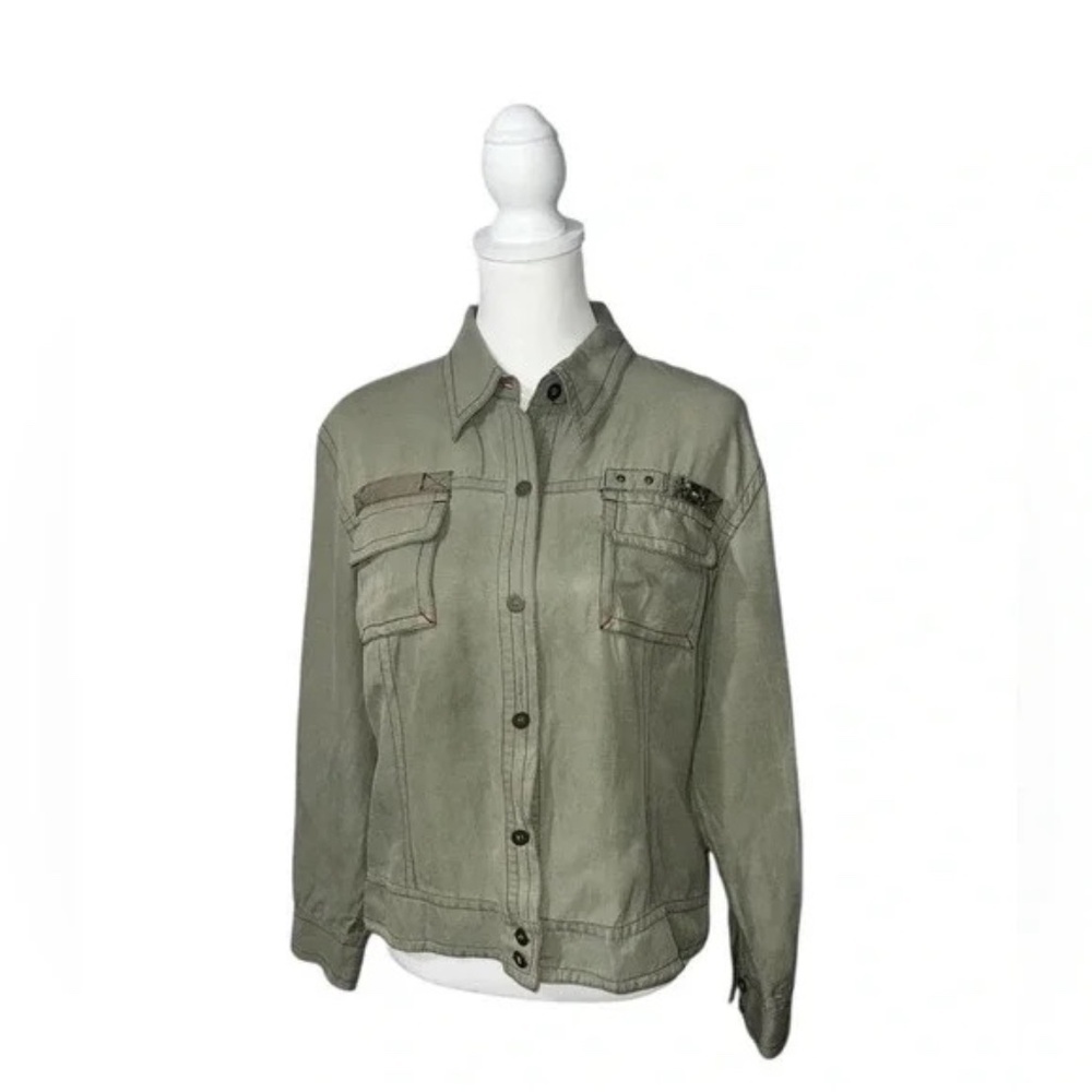 CHICOS Size Large Olive Green Short Bomber Jacket Linen Silk Blend - Picture 1 of 5
